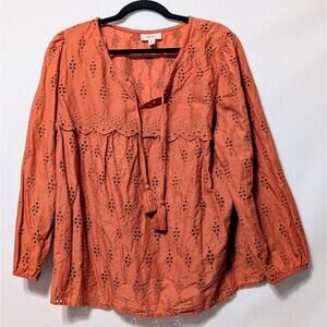 Style & Co Women's Eyelet Boho Blouse Petite XL Burnt Orange Sienna